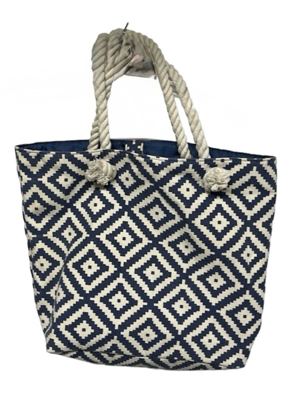Summer & Rose Blue Beige Canvas Beach Tote Bag Rope Handle Pool Vacation Bag